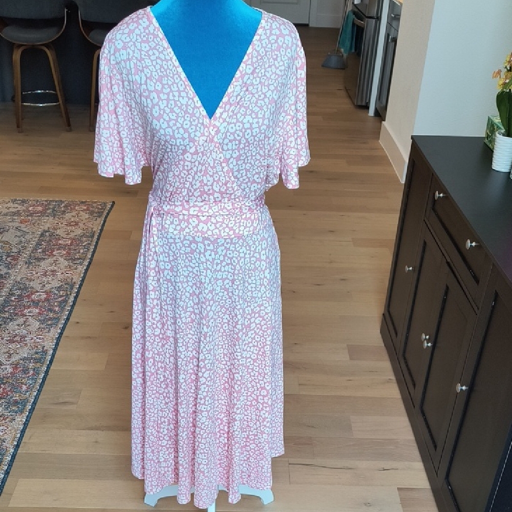 Pink and White Pleated Midi Sundress with Flutter Sleeves